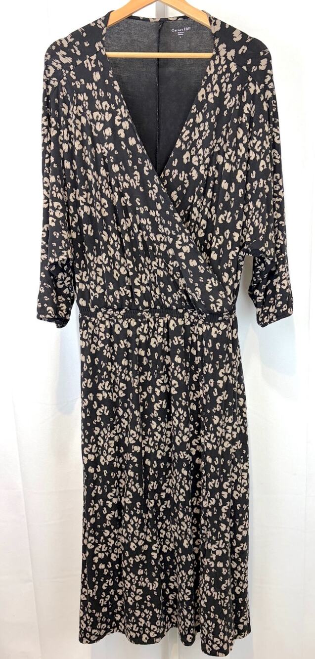 GARNET HILL Batwing Wrap Detail Knit Dress 48311 3/4 Sleeve Maxi Black Tan L